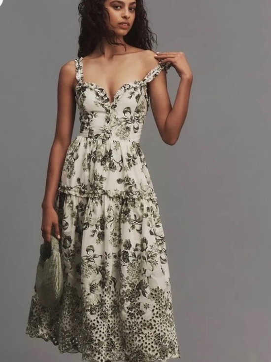 Anthropologie Dresses & Skirts - Anthropologie sweetheart neck green and cream floral ruffled midi dress